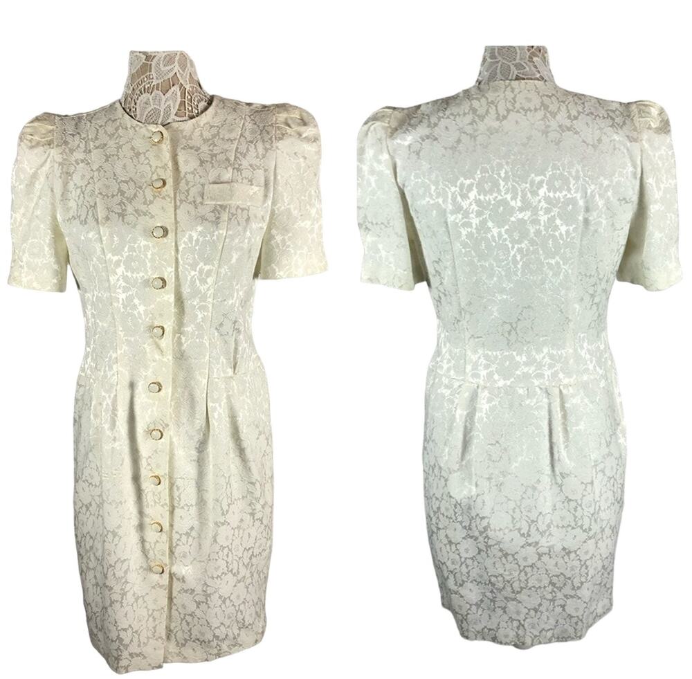 American Vintage 1980's jacquard cream coat dress puffy sleeves size medium